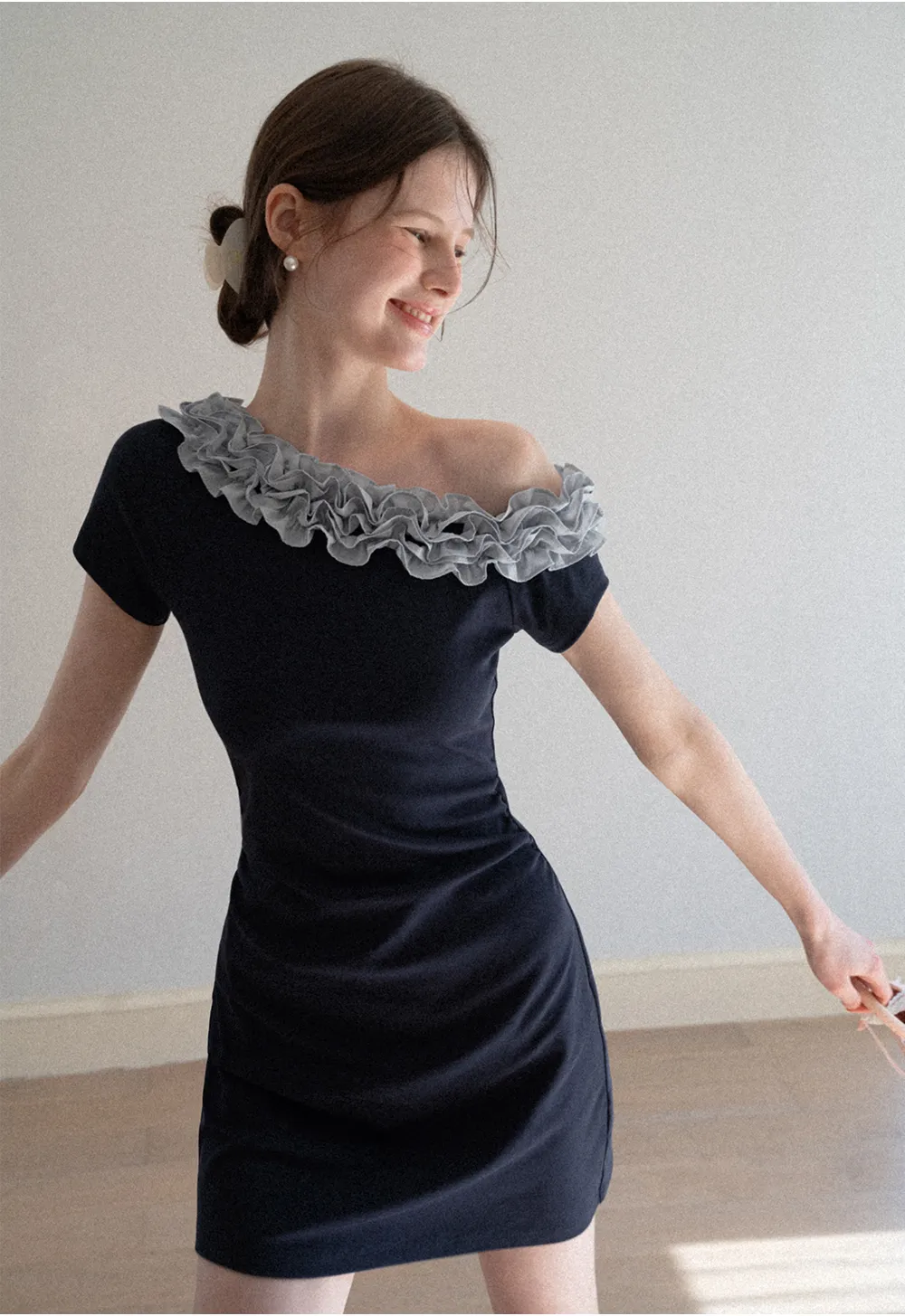 Short Sleeve Dress with Ruffled Off Shoulder Detail