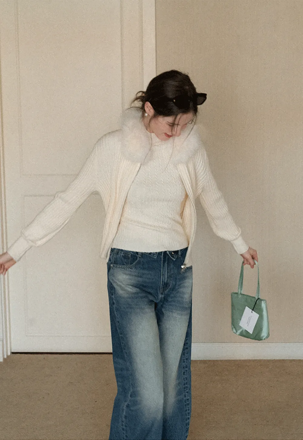 Ribbed knit sweater with fur collar detail