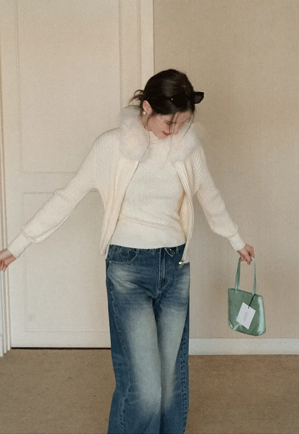 Ribbed knit sweater with fur collar detail