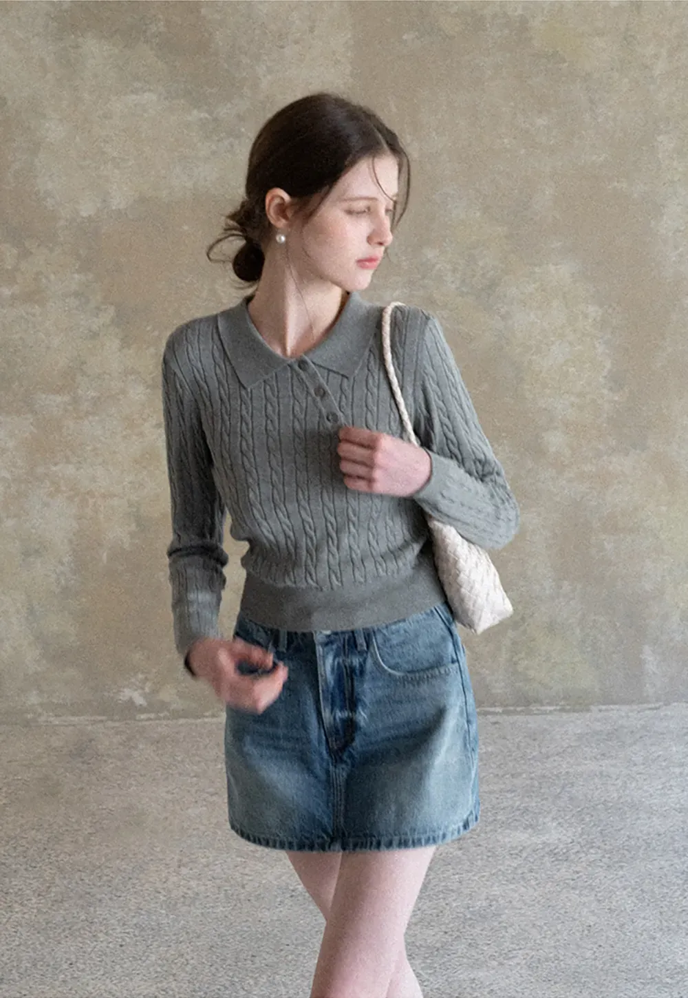 Cable Knit Long Sleeve Polo Neck Cropped Sweater