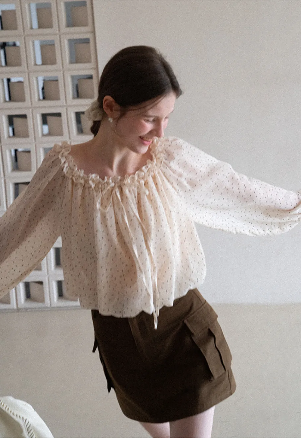 Polka Dot Ruffled Off Shoulder Chiffon Blouse