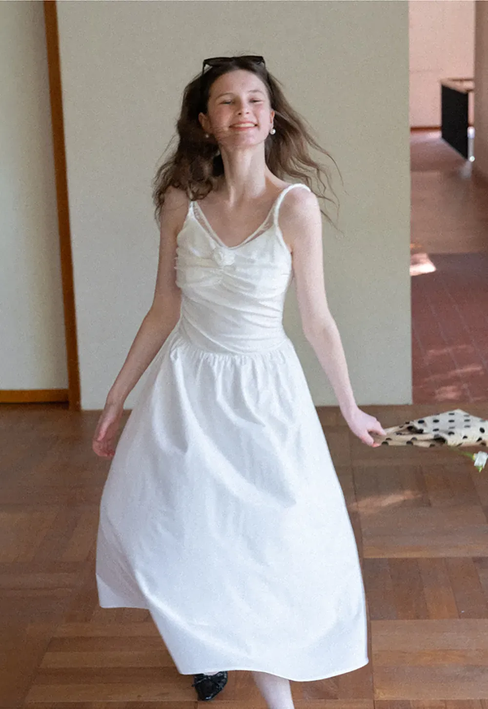 Sleeveless V Neck Midi Dress with Ruched Bodice