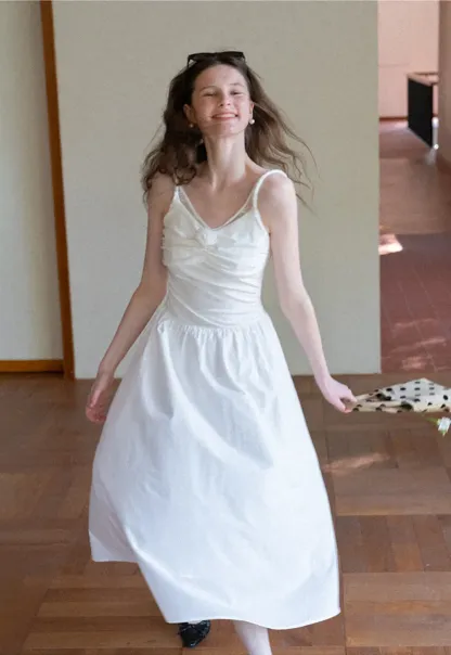 Sleeveless V Neck Midi Dress with Ruched Bodice