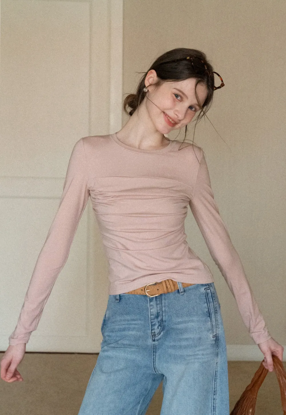 Ruched Long Sleeve T-Shirt with Gathered Detail