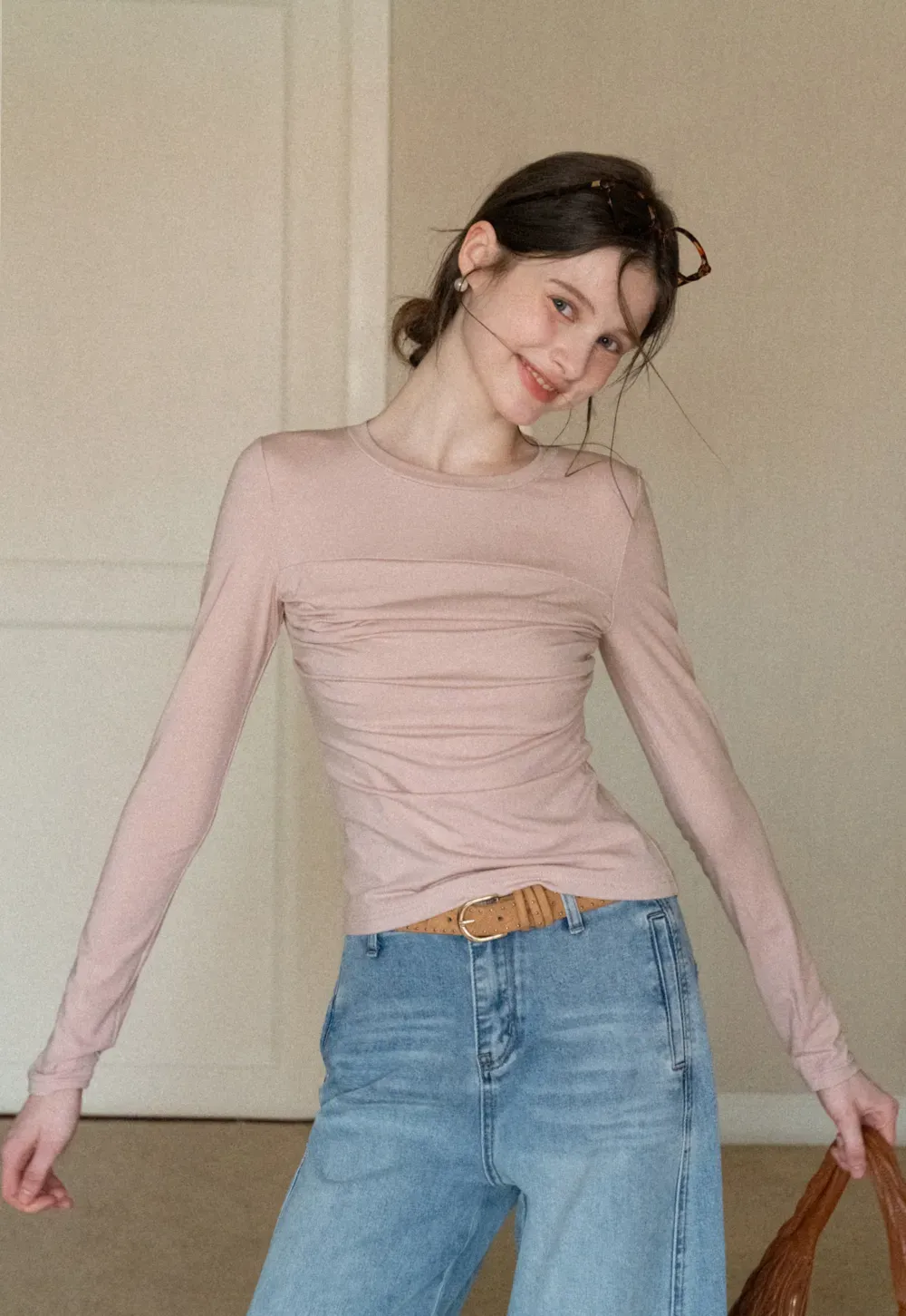 Ruched Long Sleeve T-Shirt with Gathered Detail