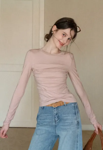 Ruched Long Sleeve T-Shirt with Gathered Detail