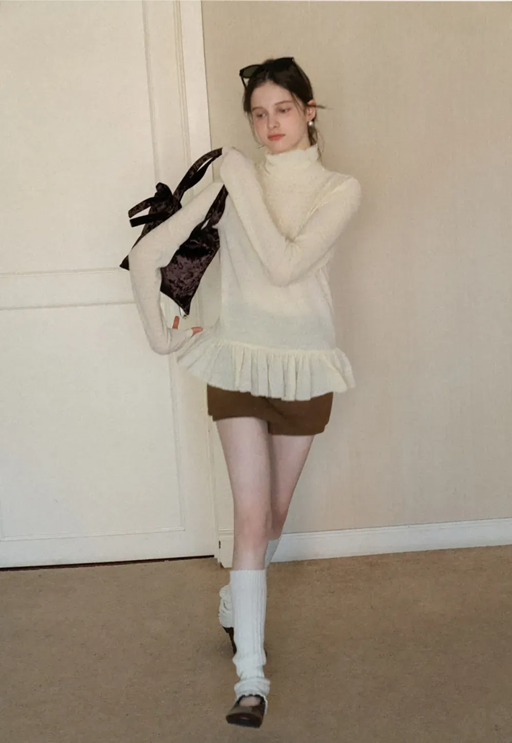 floral dot long sleeve top with ruffle hem