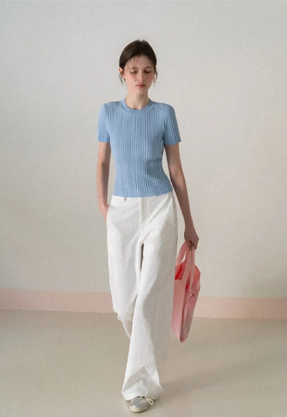 Ribbed Knit Short Sleeve Crew Neck Sweater