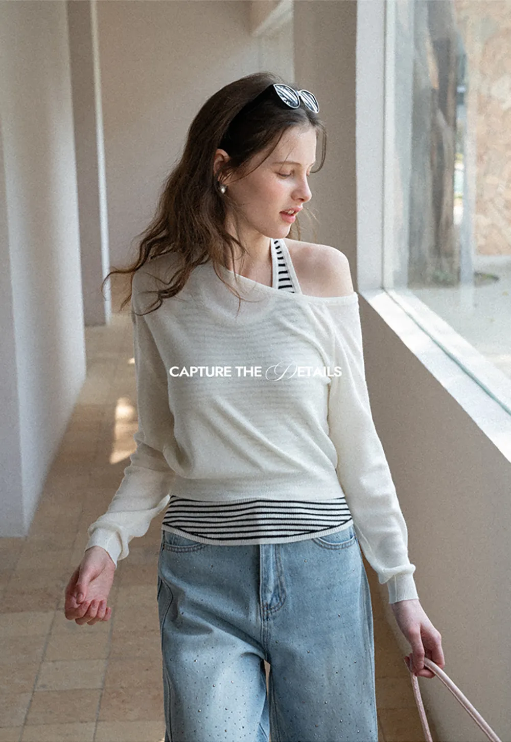 Off Shoulder Long Sleeve Knit Sweater with Striped Trim