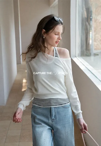 Off Shoulder Long Sleeve Knit Sweater with Striped Trim