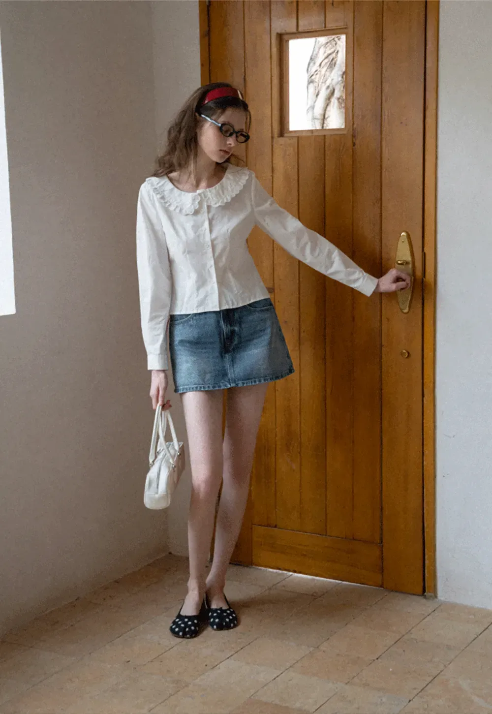 Long sleeve button front shirt with lace collar