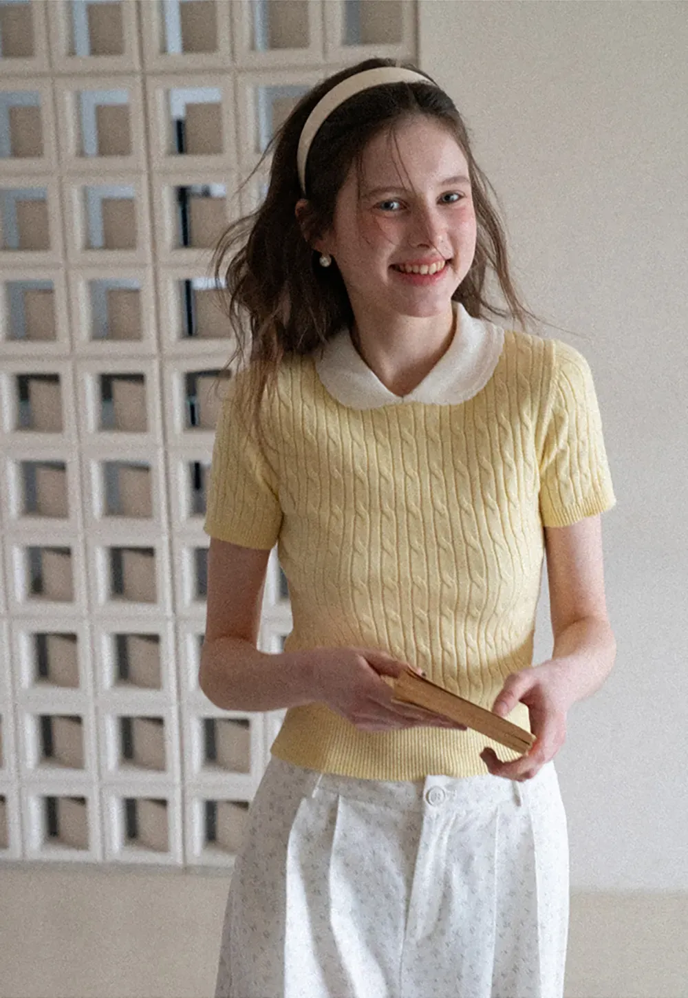 Cable Knit Short Sleeve Sweater with Collar