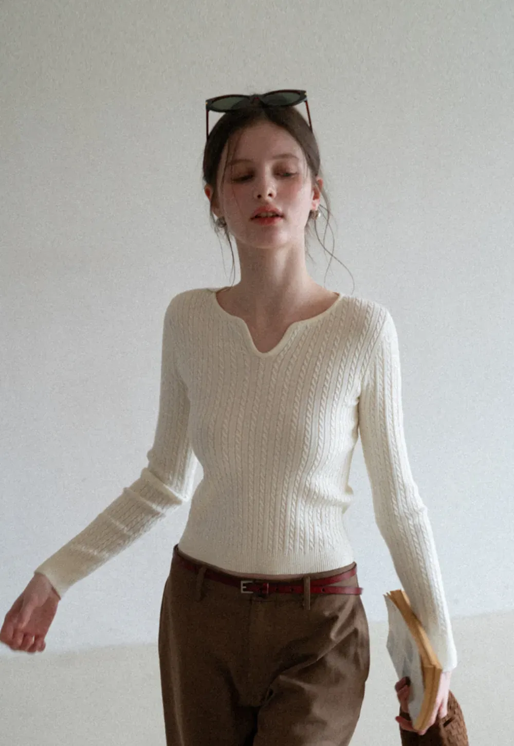 V Neck Cable Knit Sweater Top