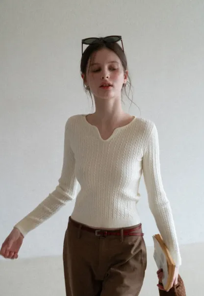 V Neck Cable Knit Sweater Top