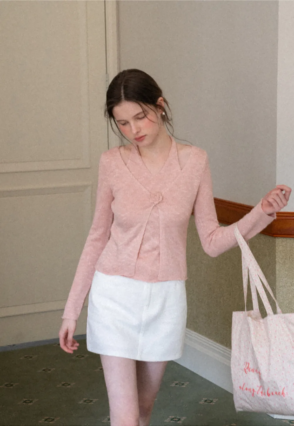 V Neck Knit Sweater with Floral Button Detail