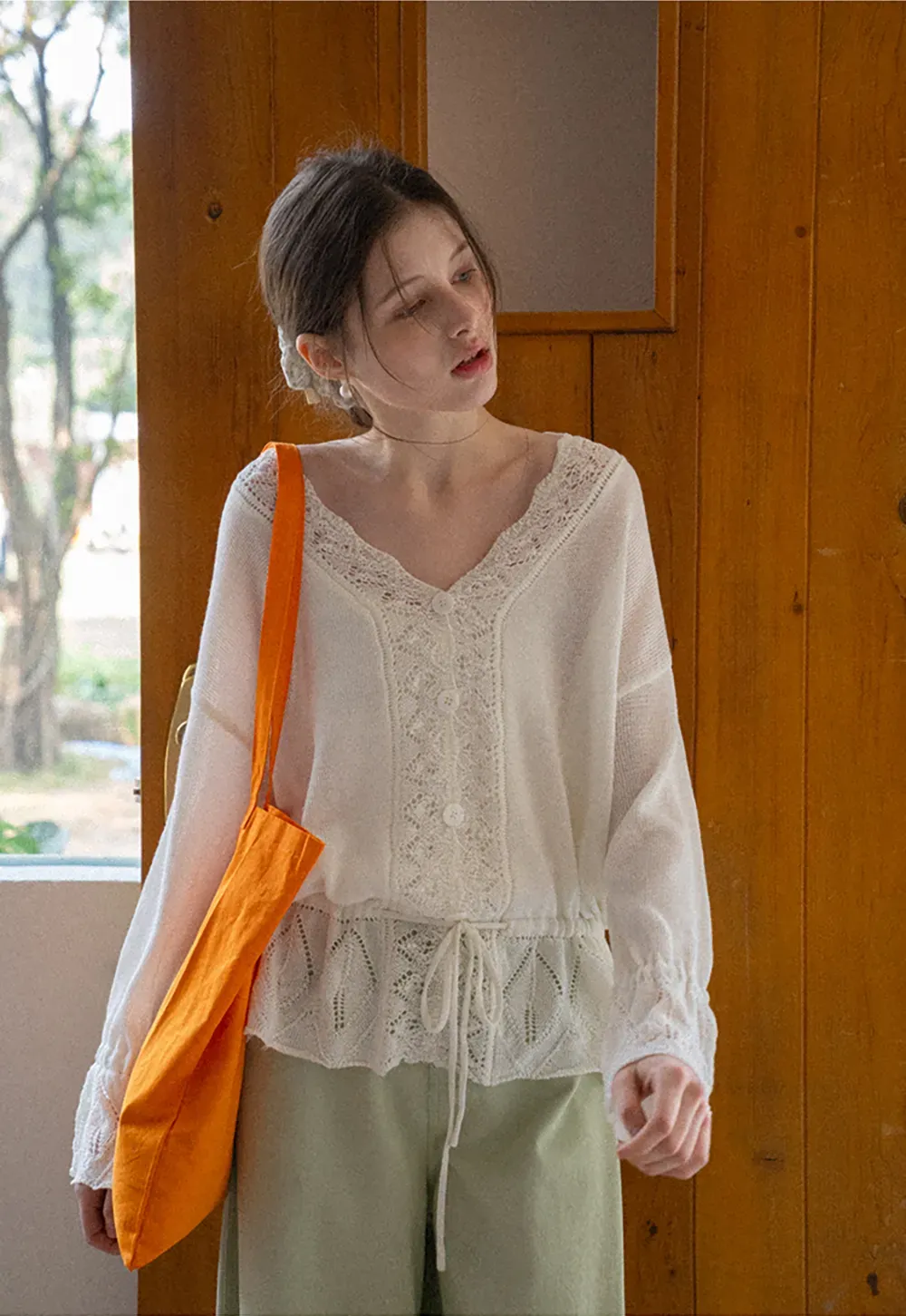 Lace Trimmed V Neck Knit Sweater with Drawstring Hem