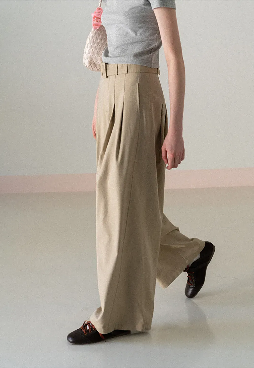 Wide Leg Pleated Casual Pants with Belt