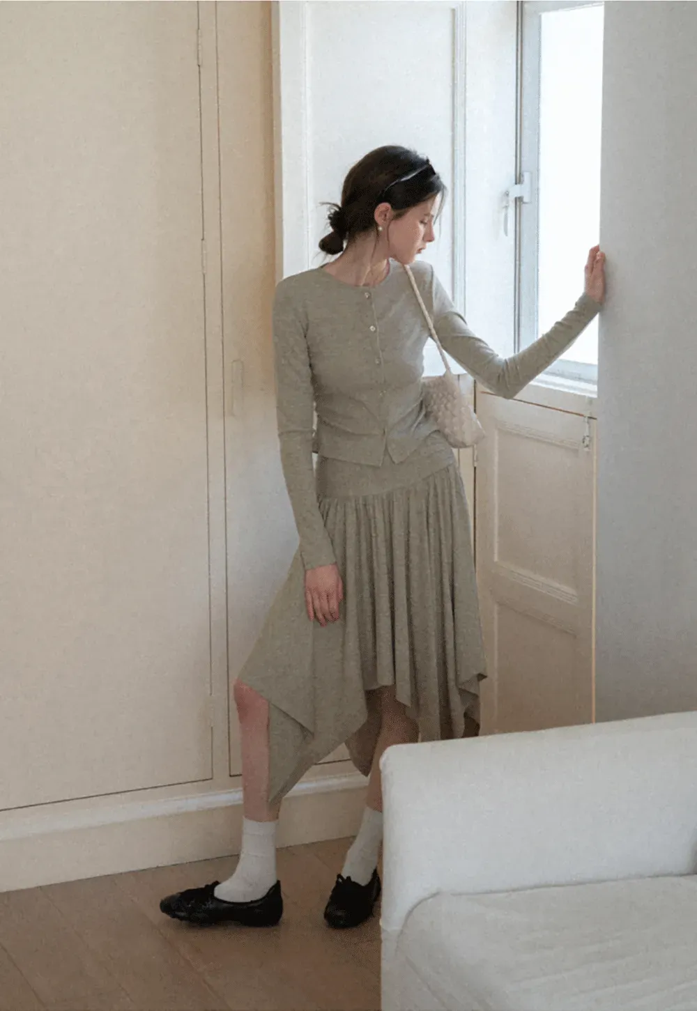 Long sleeve button front top and asymmetrical skirt