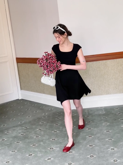 Square Neck Cap Sleeve A-Line Dress