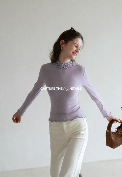 Elegant High Neck Long Sleeve Top with Ruffle Detail