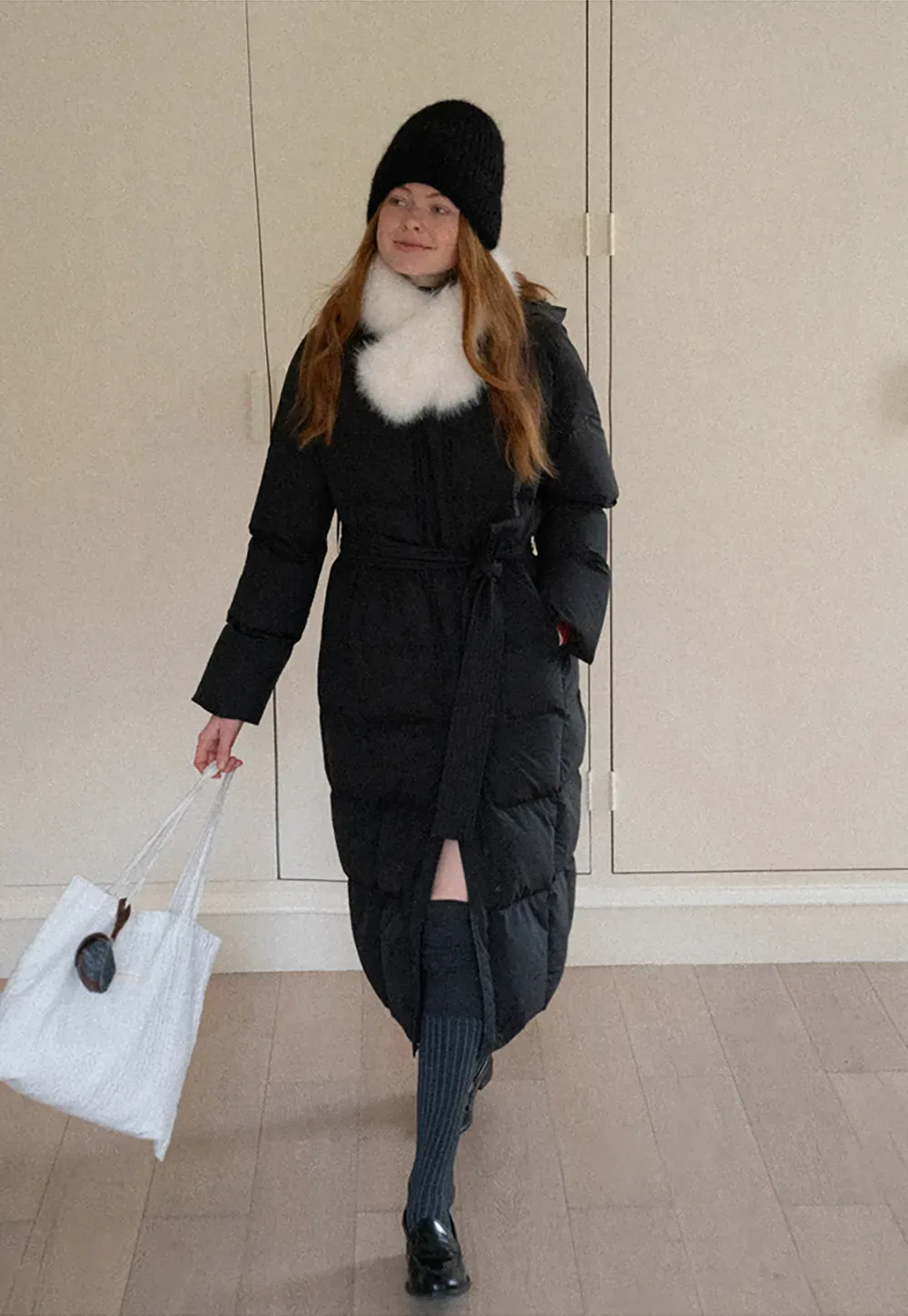 Long Puffer Coat with Fur Trim Hood Belted Design