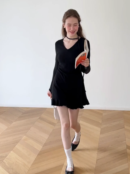 V Neck Long Sleeve Flared Hem Dress