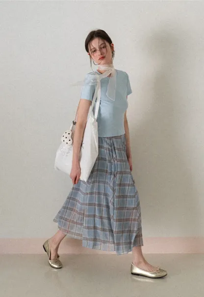 Pleated Plaid Midi Skirt with Asymmetrical Hem