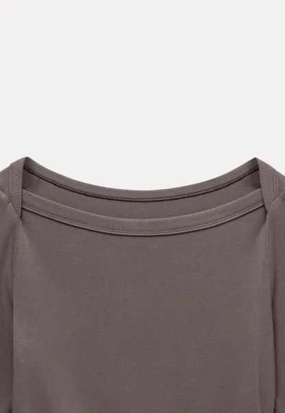 Women Boat Neck Ruched Long Sleeve T-Shirts