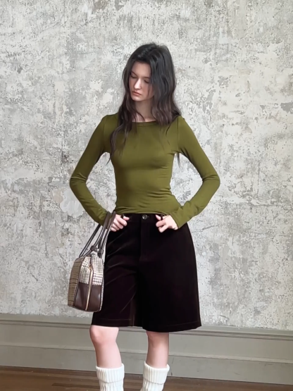 Women Stylish Corduroy Brown Shorts with Button Detail