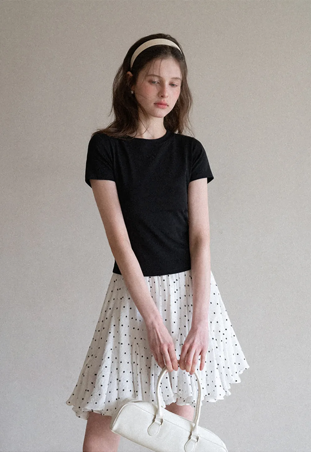 Polka dot pleated skirt with elastic waistband