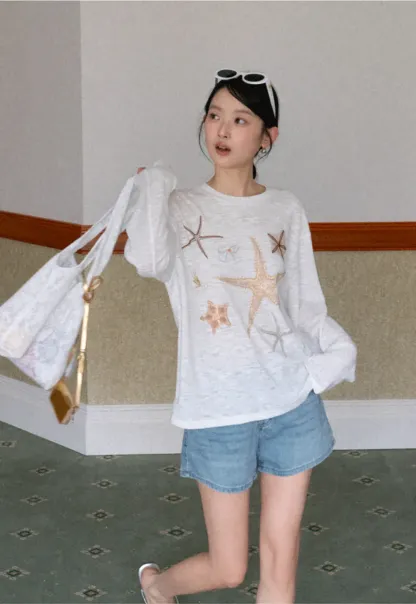 Long sleeve T shirt with starfish embroidery