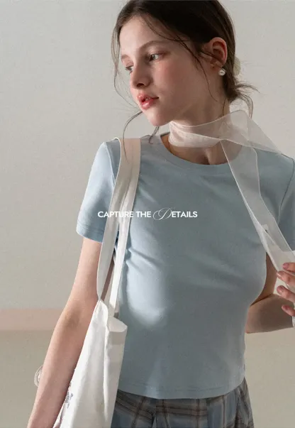 Short Sleeve Crew Neck T Shirt with Sheer Scarf Detail