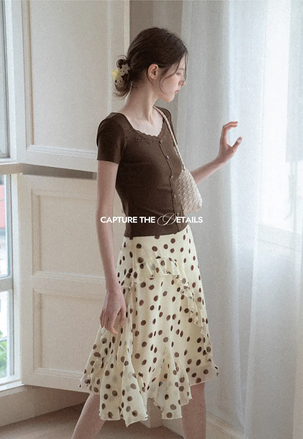 Polka dot ruffled asymmetrical midi skirt