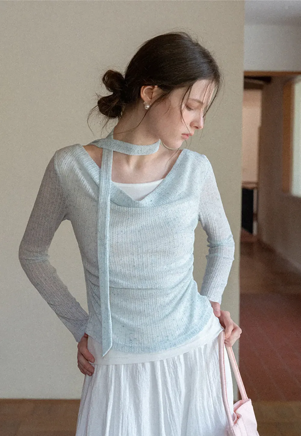 Long sleeve knit top with back tie detail