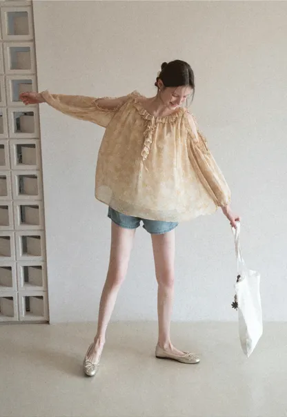 Lace Chiffon Blouse with Ruffled Neck and Sleeves