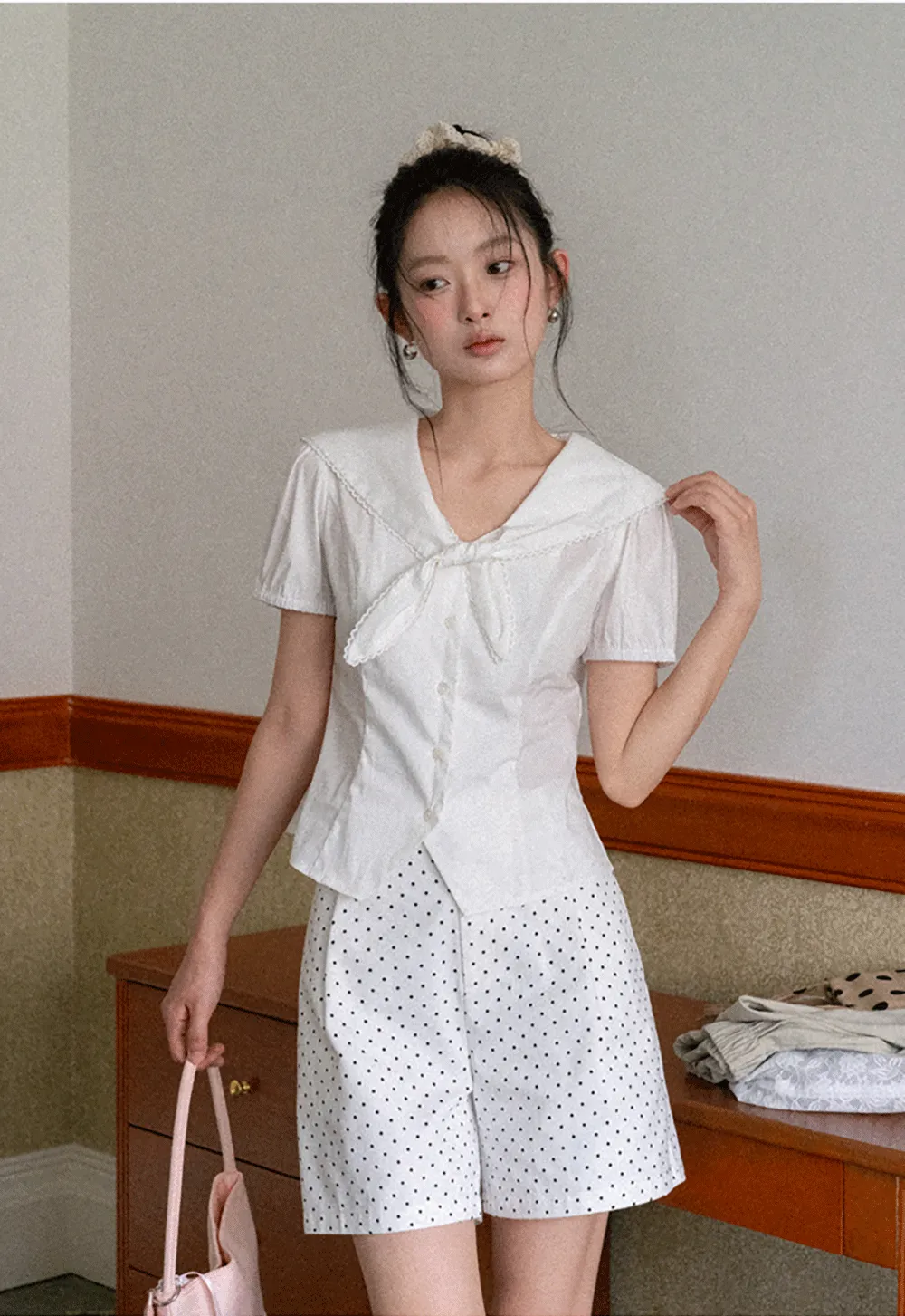 Short Sleeve Shirt with Collar and Bow Detail