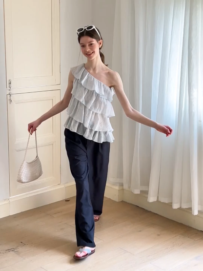 One Shoulder Ruffled Layered Tank Top