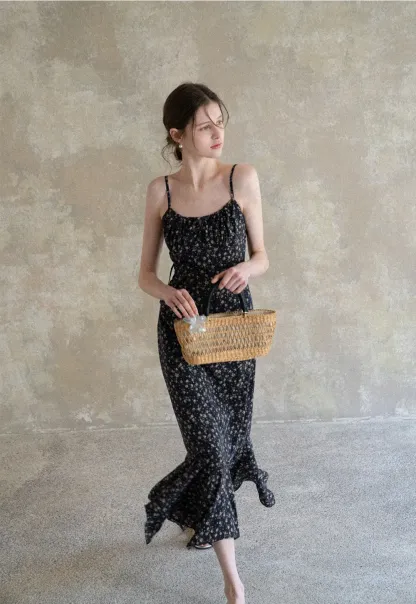 Floral Print Slip Dress with Thin Straps and Asymmetrical Hem