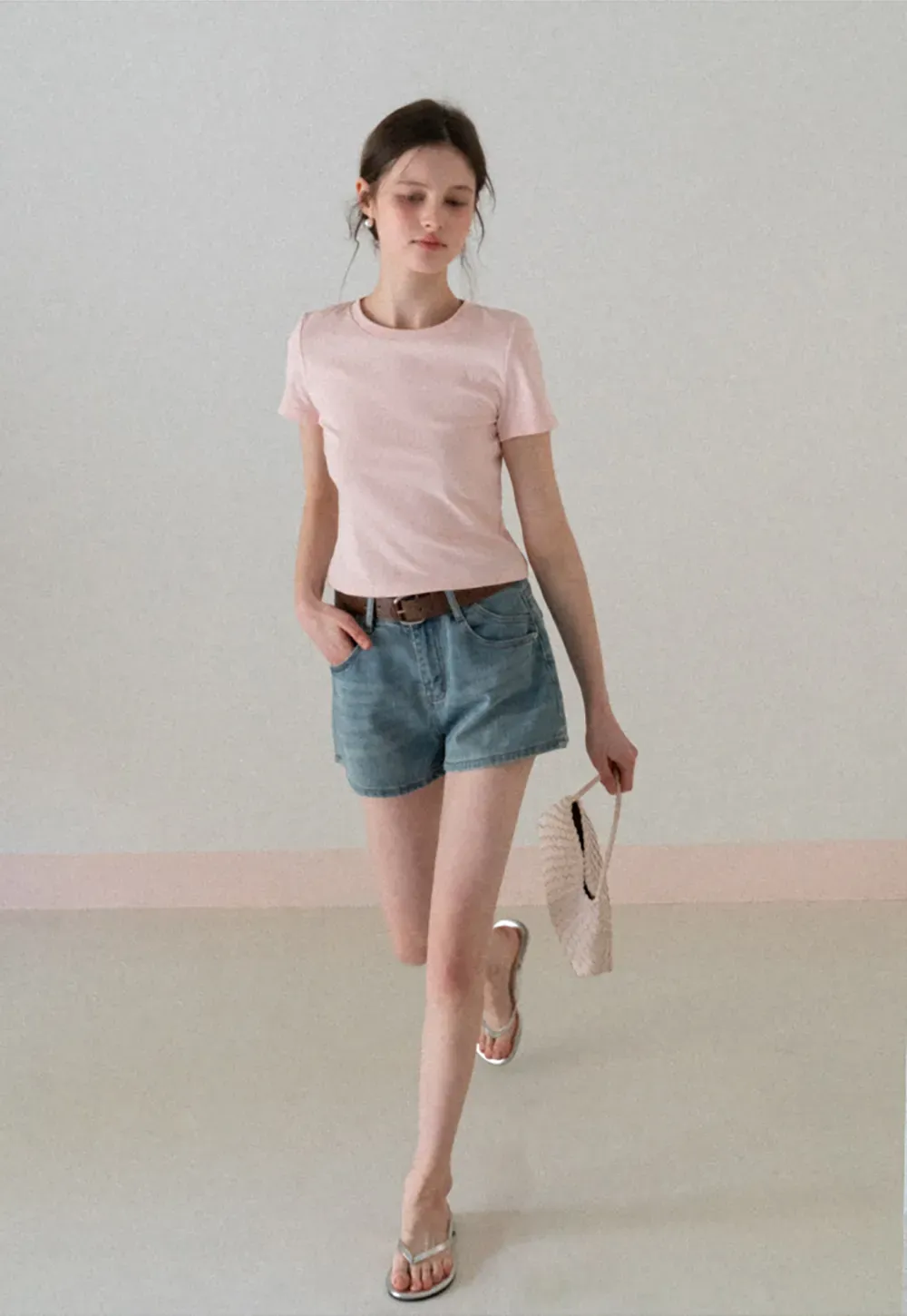 Short Sleeve Crew Neck T Shirt with Sheer Scarf Detail