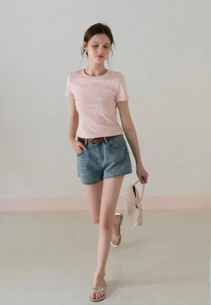 Short Sleeve Crew Neck T Shirt with Sheer Scarf Detail