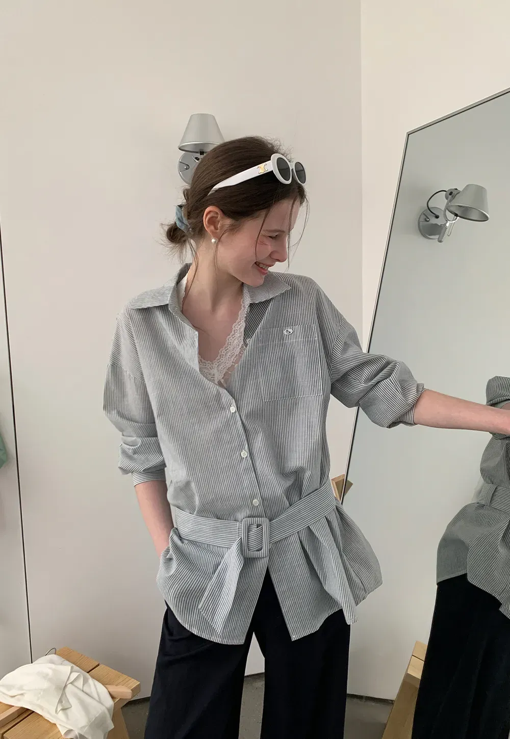 Striped Shirt with Belt and Lace Trim Tank Top