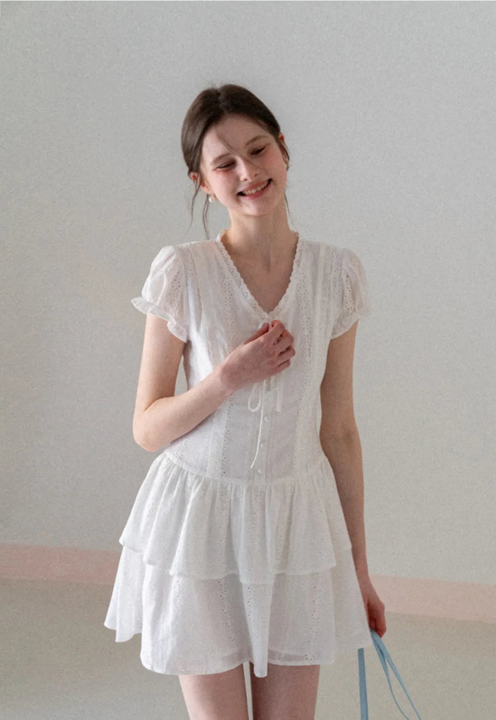 Eyelet Lace Dress with Puffed Sleeves and Tiered Skirt