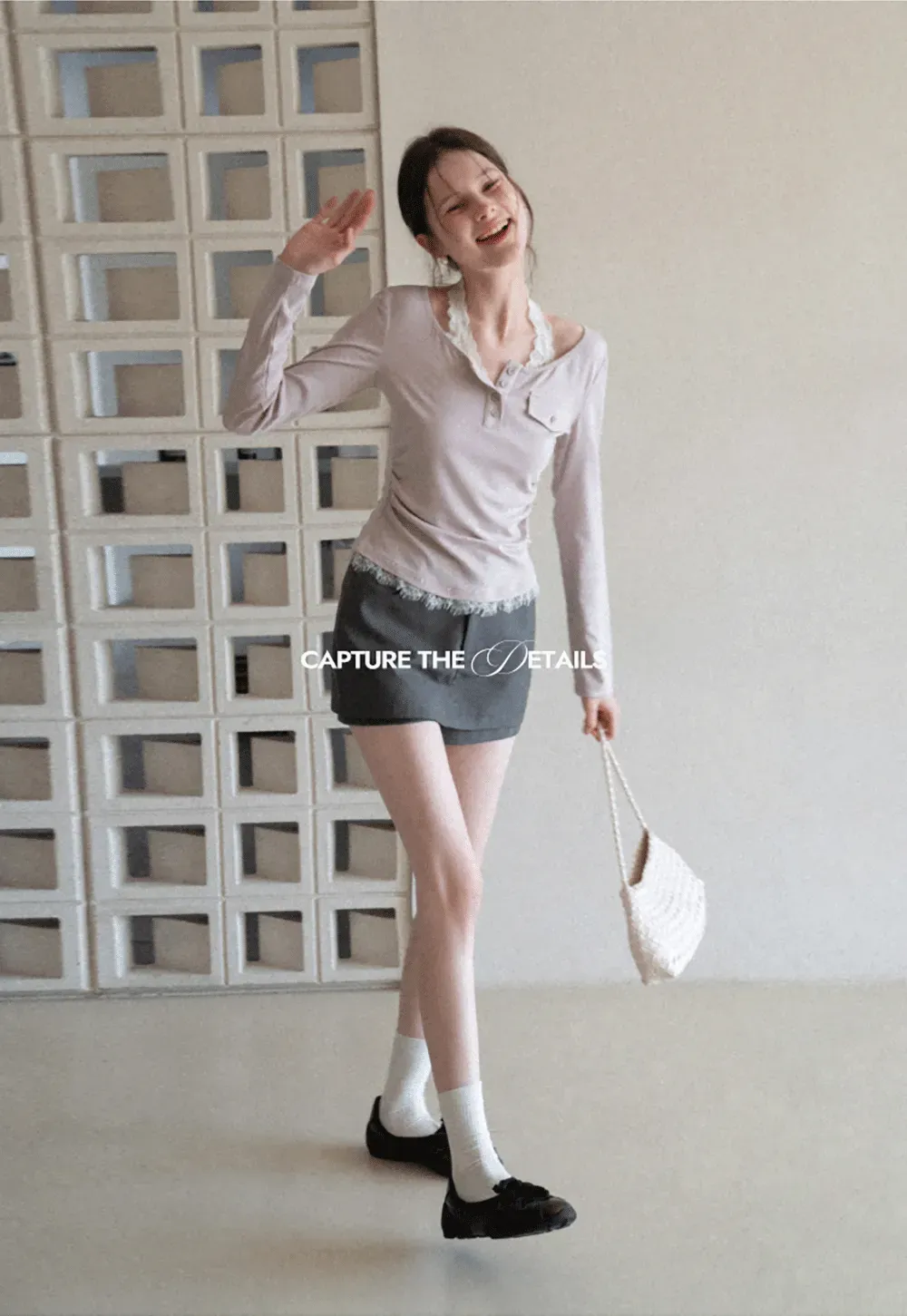 Long sleeve Henley top with lace trim