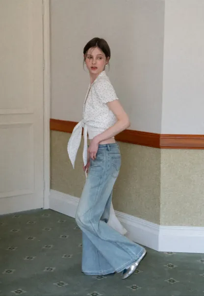 Polka dot short sleeve shirt with front tie detail