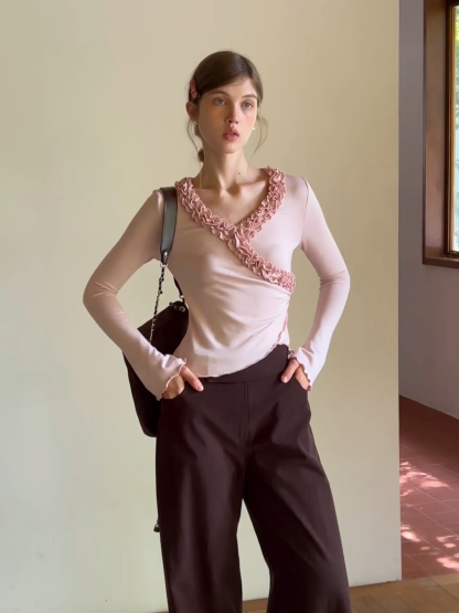 Ruffled V Neck Slim Fit Long Sleeve Tee