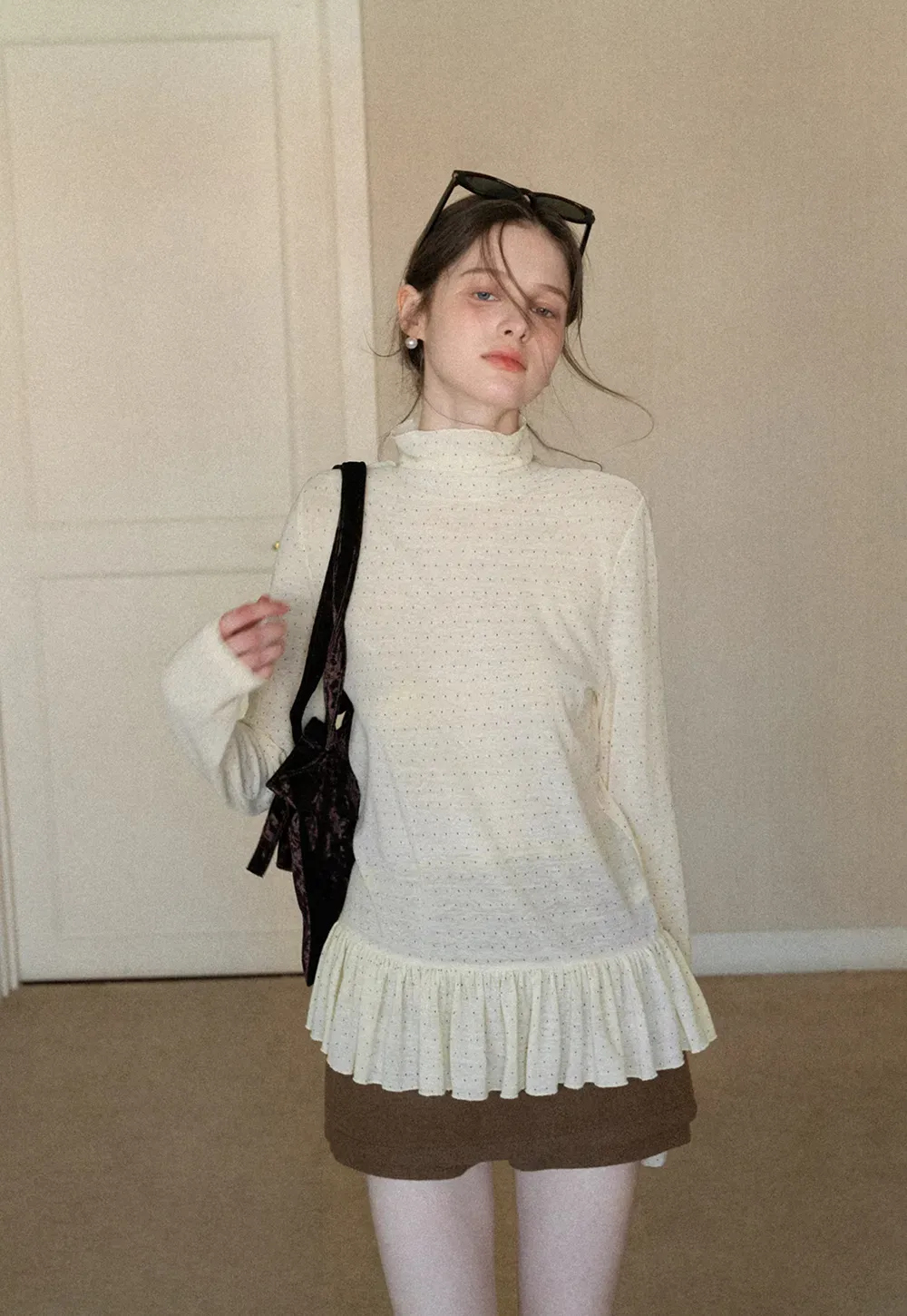 floral dot long sleeve top with ruffle hem