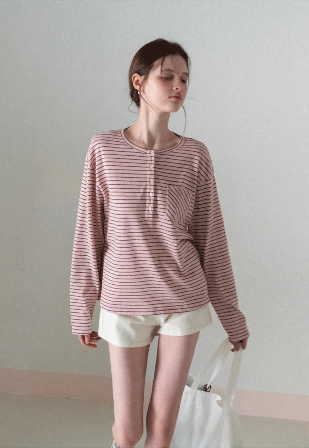 Long sleeve striped henley shirt with chest pocket