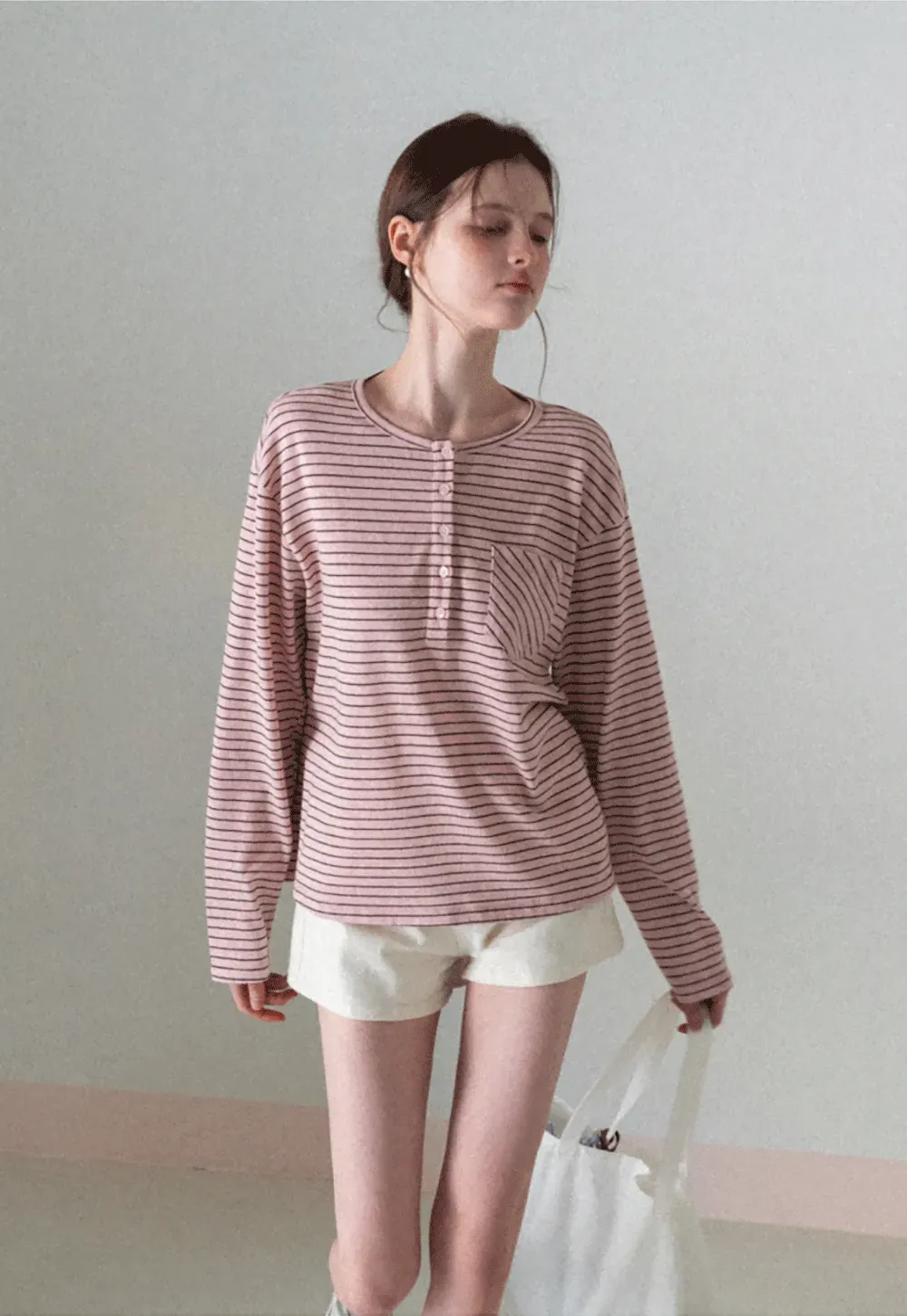 Long sleeve striped henley shirt with chest pocket