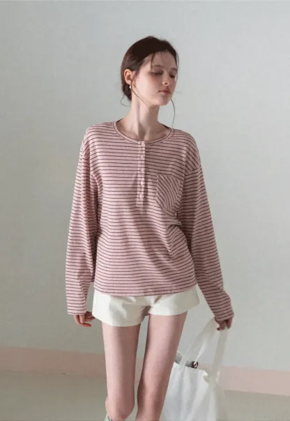 Long sleeve striped henley shirt with chest pocket