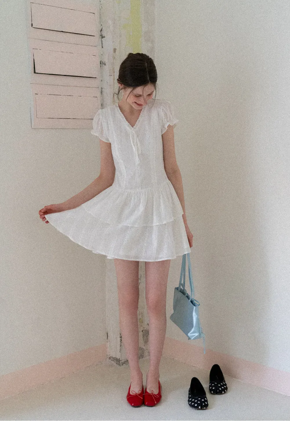 Eyelet Lace Dress with Puffed Sleeves and Tiered Skirt